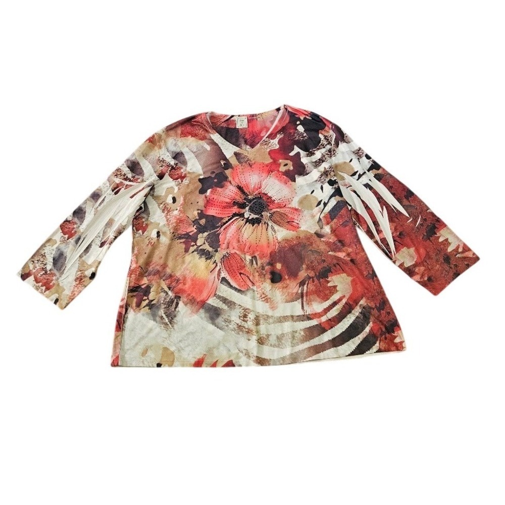 Jess & Jane Shirt 2X Floral Zebra Print Rhinestone V-Neck Top Red Brown